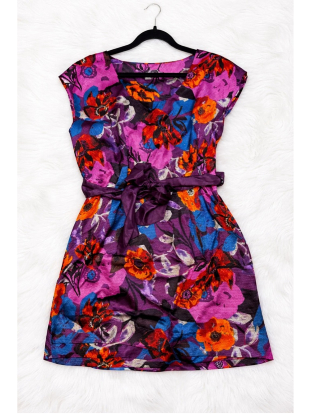 Y2K Forever 21 XXI purple and Orange Floral Print Cap Sleeve Dress Large